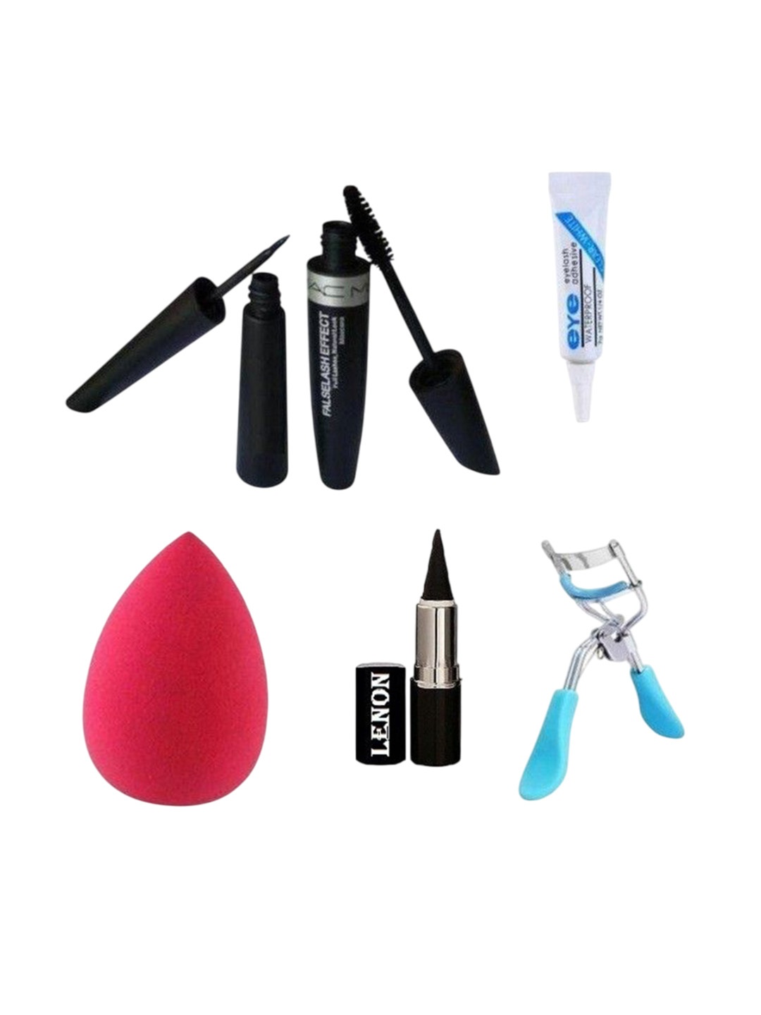 

Lenon Set Of 6 Waterproof Eyeliner, Mascara, Kajal, Beauty Sponge, Curler & Glue, Black