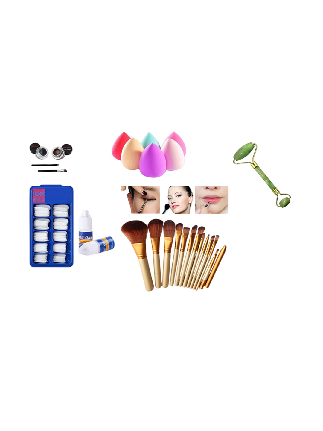 

Lenon Set Of 6 Eyeliner- Artificial Nails- Glue- Beauty Blender- Brush & Face Roller, White