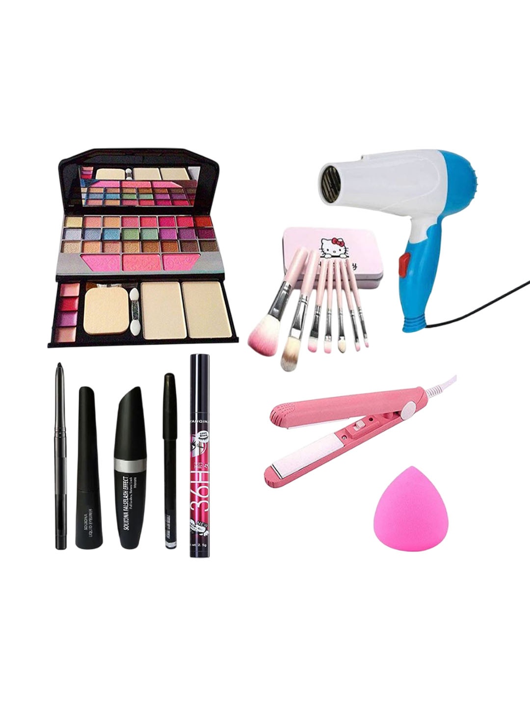 

Lenon 8Pcs Makeup Kit-Brush-Hair Straightener-Mascara-Eyebrow Pencil-Eyeliner-Sponge-Dryer, Pink