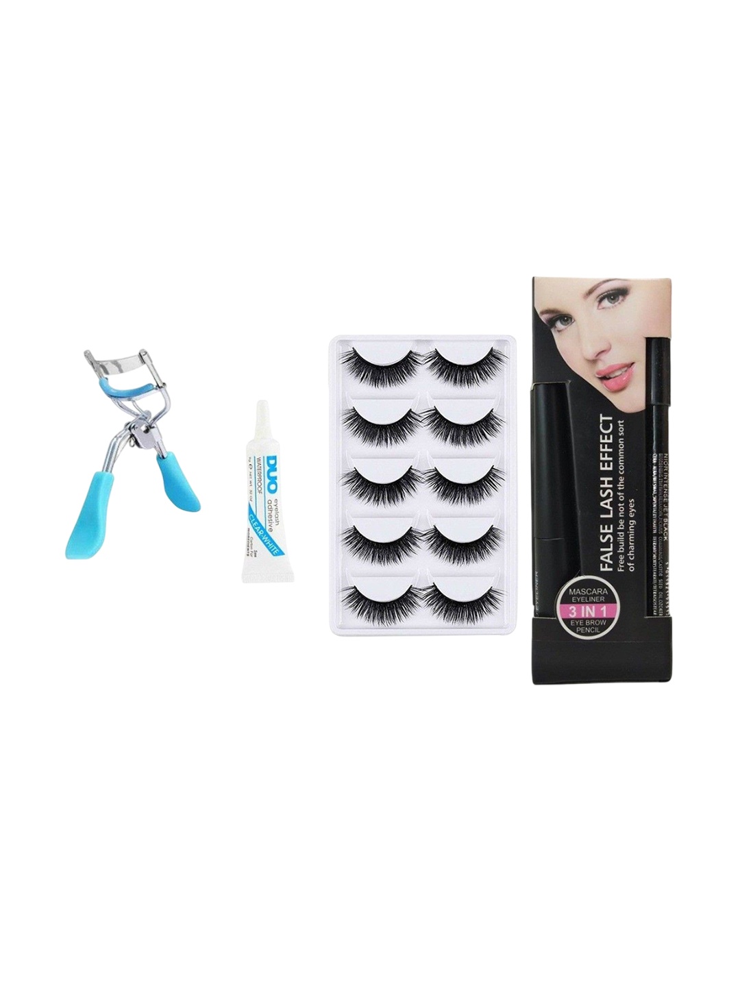 

Lenon Set Of 9 3 In 1 Mascara Eyeliner Eyebrow Pencil False Eyelash Curler & Eyelash Glue, Multi