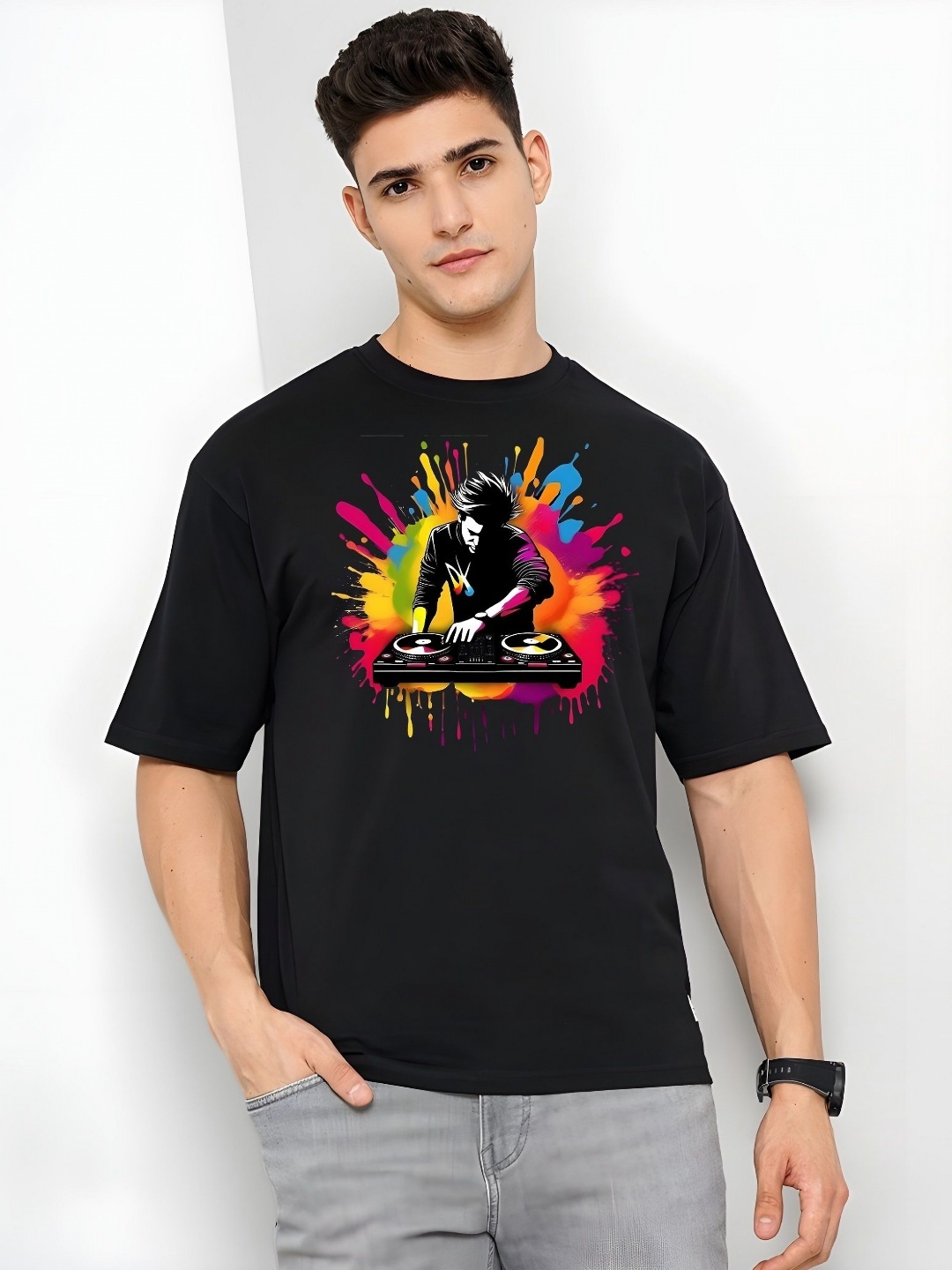 

KAIDO Men Graphic Printed Oversized Drop-Shoulder Sleeves Cotton T-shirt, Black