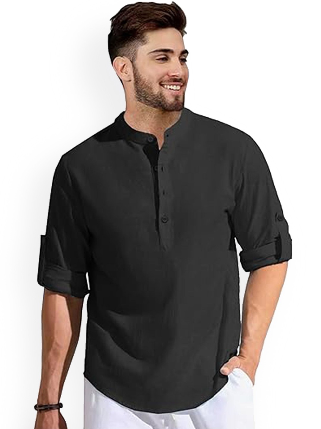 

EdinWolf Mandarin Collar Cotton Slim Fit Straight Kurta, Black