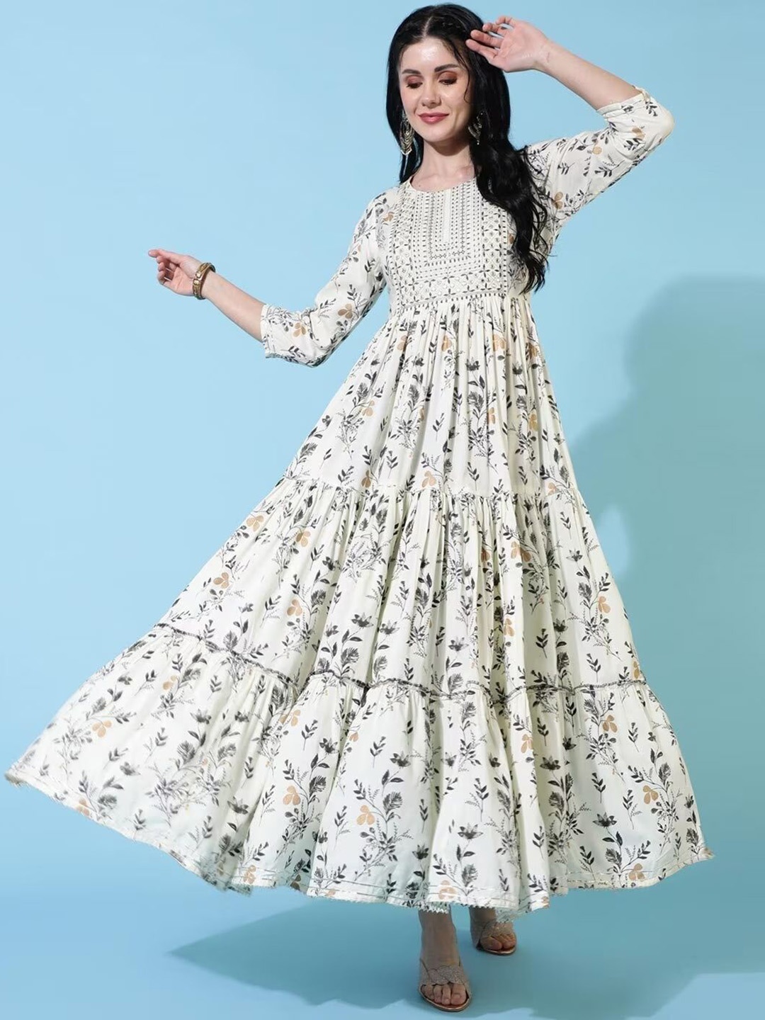 

NYPA Floral Printed Thread Work Round Neck Mirror Work Tiered Anarkali Kurta, White