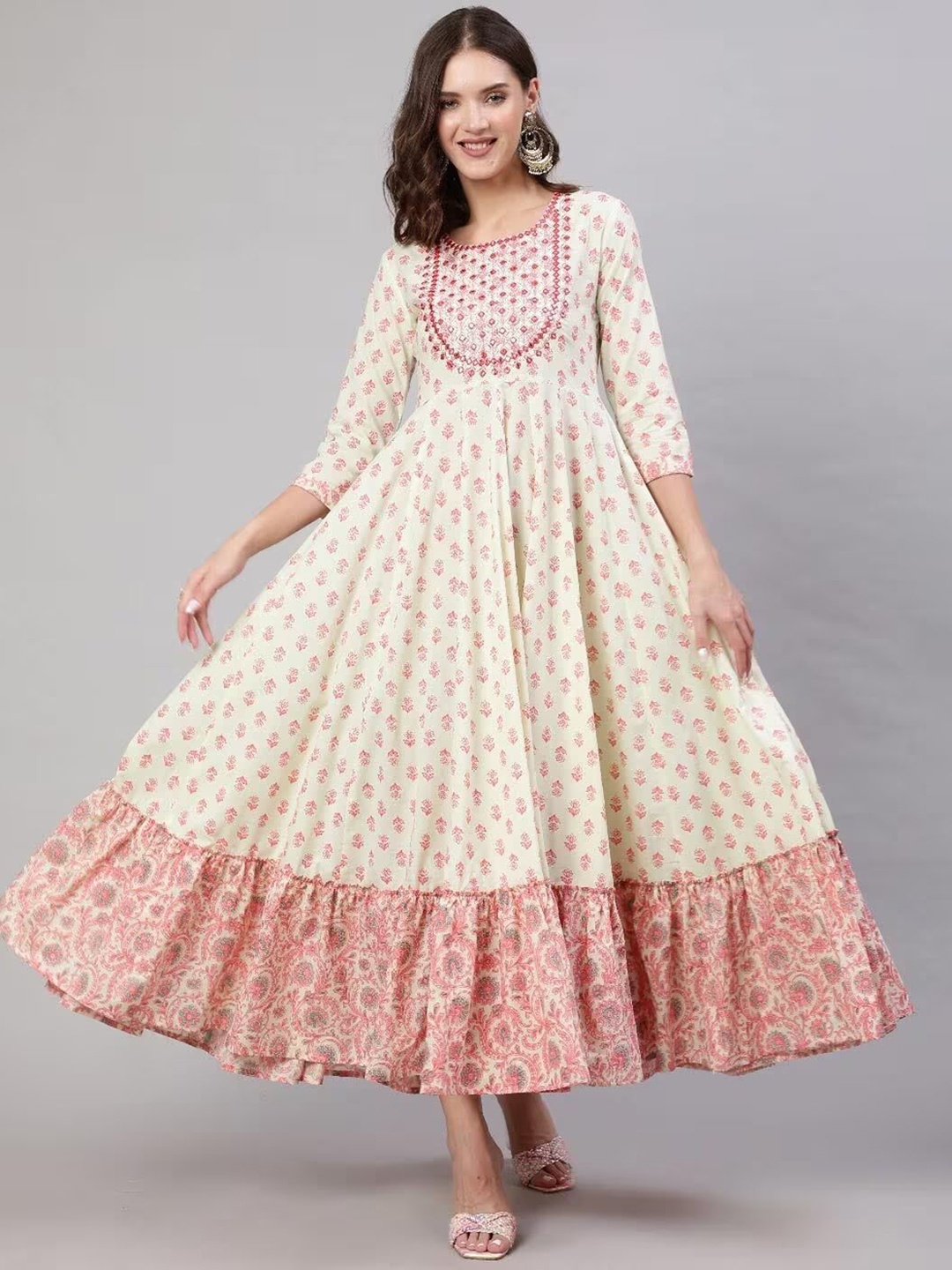 

NYPA Floral Printed Embroidered Round Neck Mirror Work Anarkali Kurta, Cream