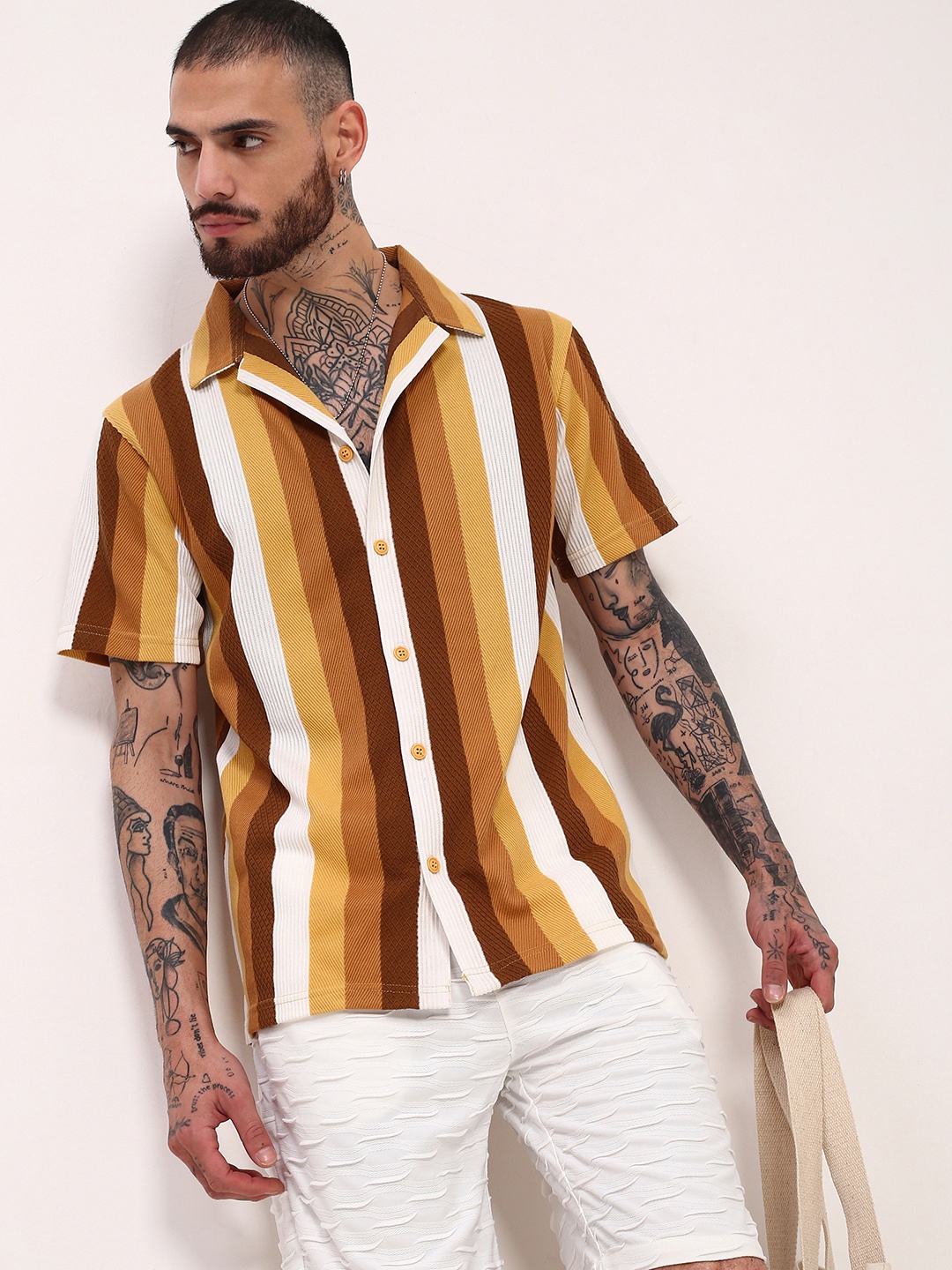 

SHOWOFF Men Comfort Relaxed Fit Cuban Collar Vertical Striped Cotton Casual Shirt, Mustard