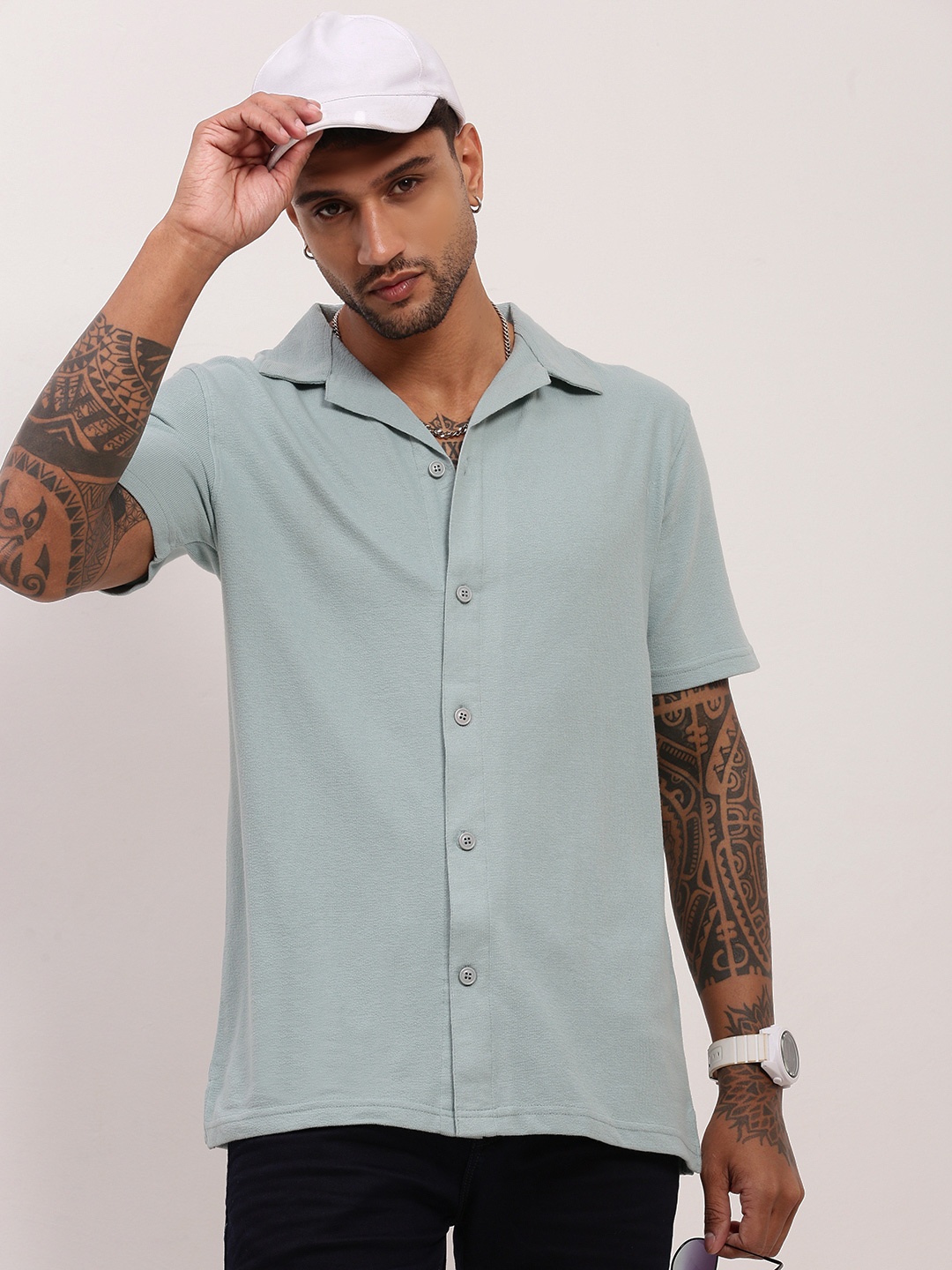 

SHOWOFF Men Comfort Relaxed Fit Cuban Collar Solid Cotton Casual Shirt, Sea green