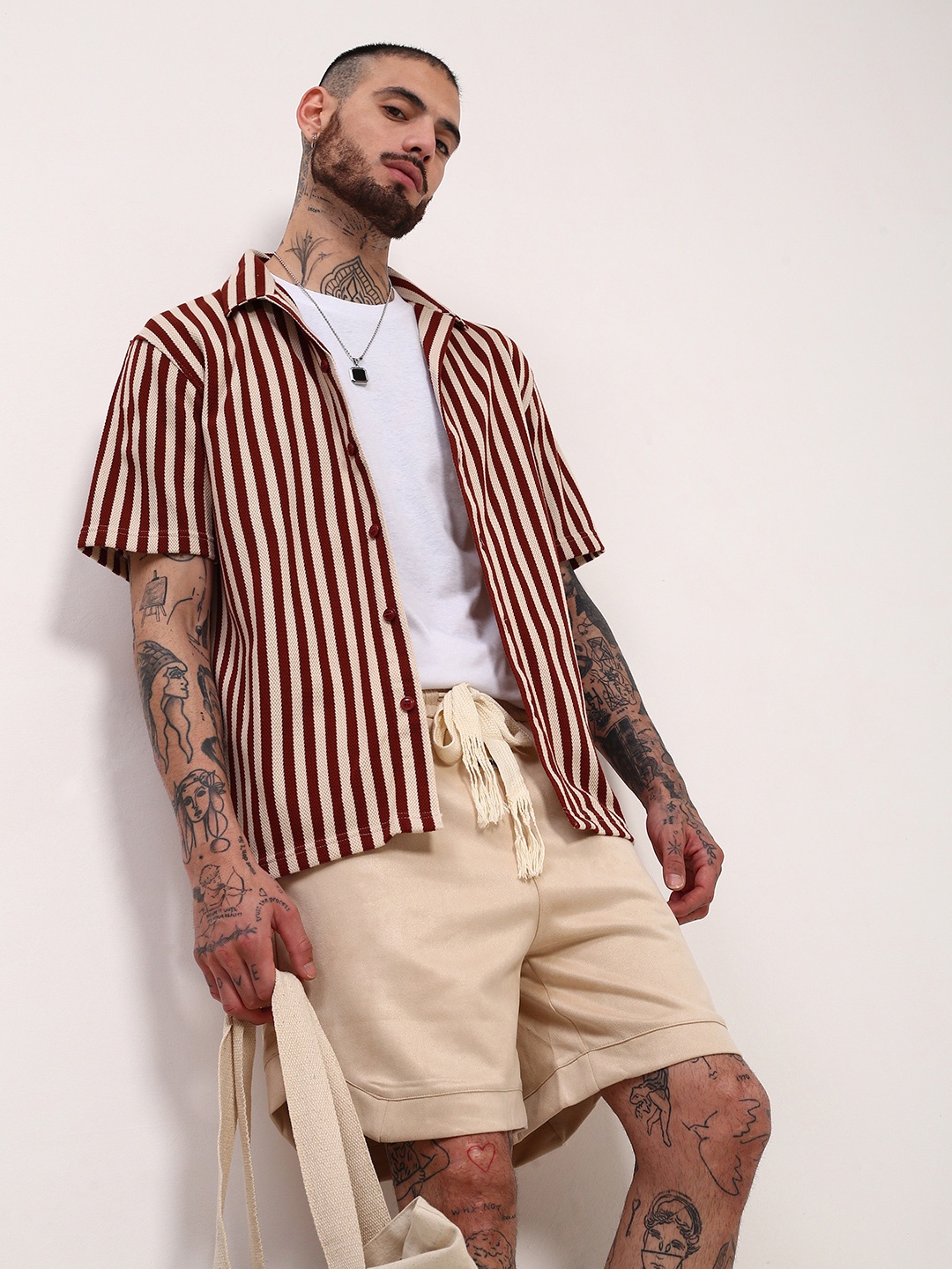 

SHOWOFF Men Comfort Relaxed Fit Cuban Collar Vertical Striped Cotton Casual Shirt, Rust