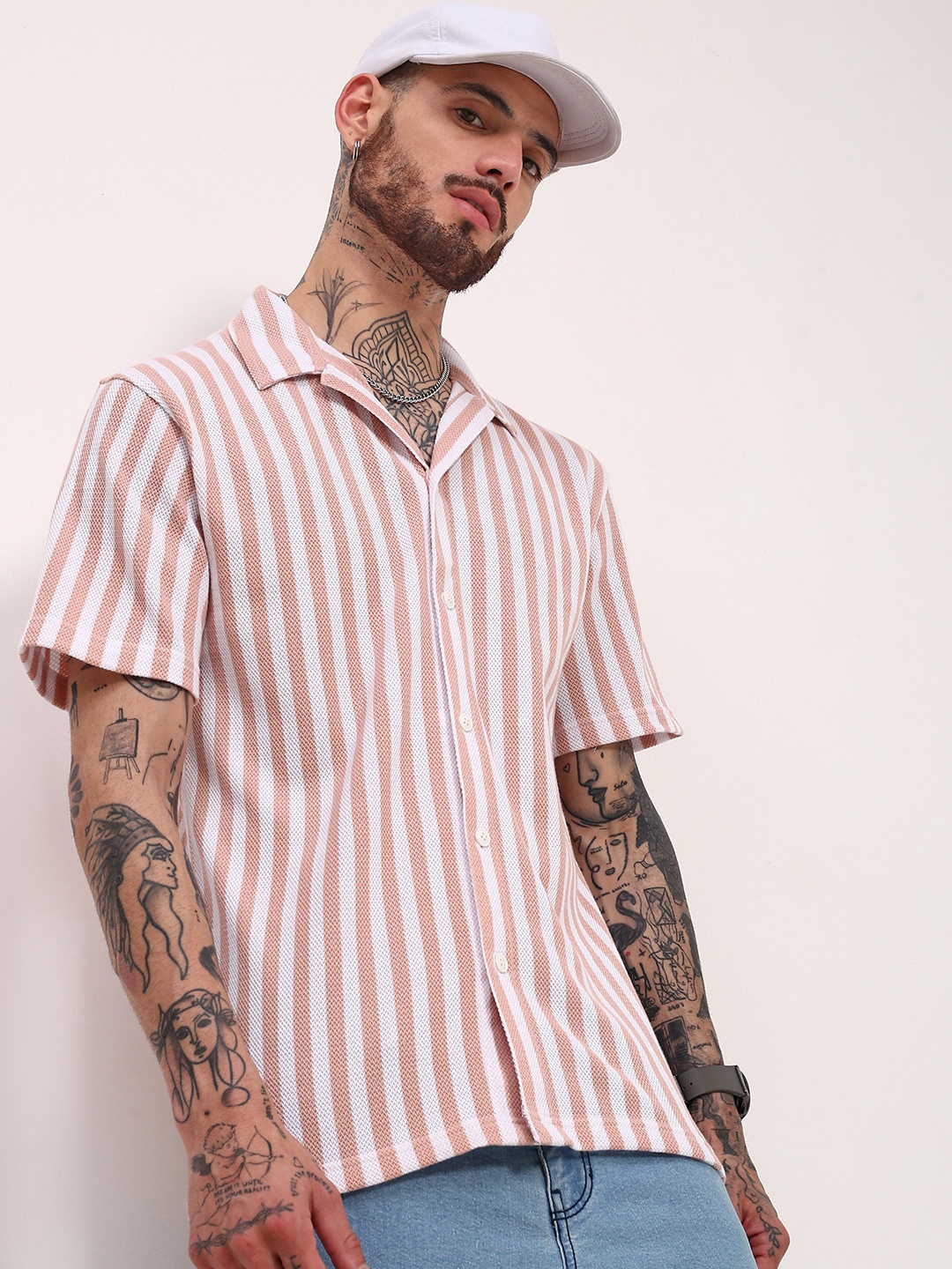 

SHOWOFF Men Comfort Relaxed Fit Cuban Collar Vertical Striped Cotton Casual Shirt, Peach
