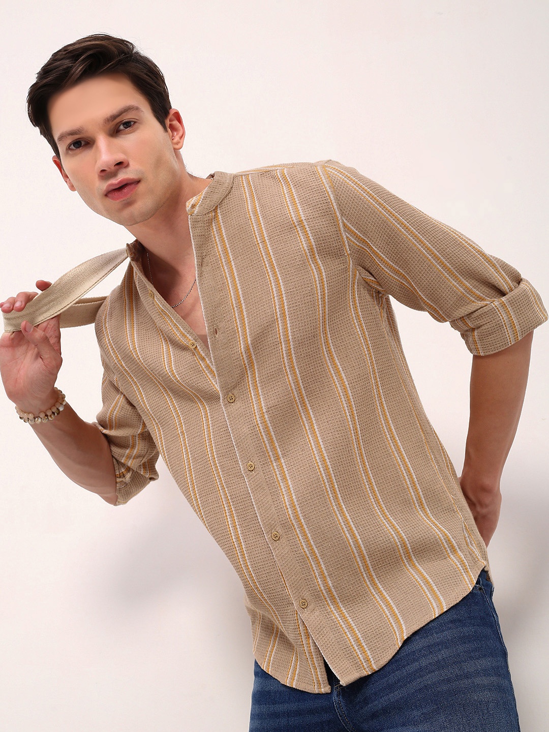 

SHOWOFF Men Comfort Slim Fit Mandarin Collar Vertical Striped Cotton Casual Shirt, Beige