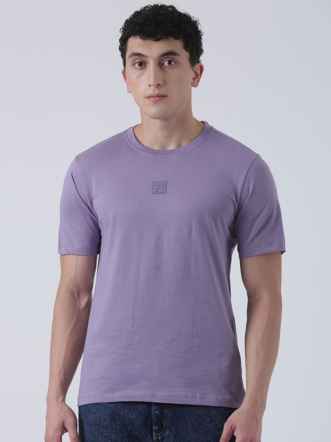 FILA Men Solid Applique Slim Fit Pure Cotton T-shirt, Lavender
