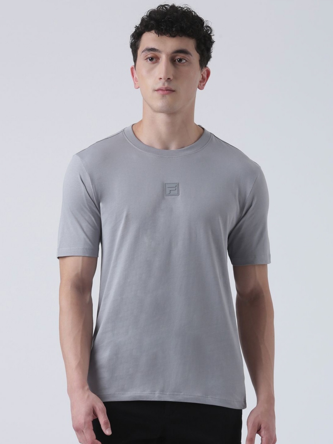 

FILA Men Solid Applique Slim Fit Pure Cotton T-shirt, Grey