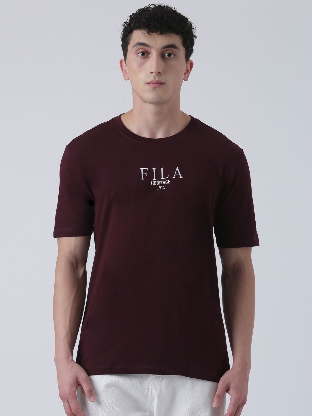 

FILA Men Typography Printed Slim Fit Pure Cotton T-shirt, Maroon