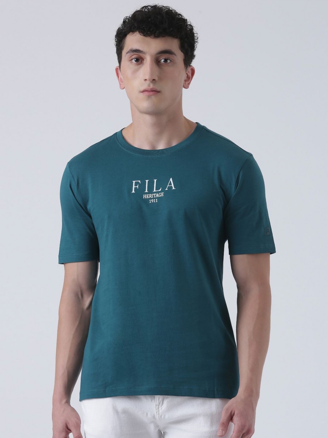 

FILA Men Typography Printed Slim Fit Pure Cotton T-shirt, Teal