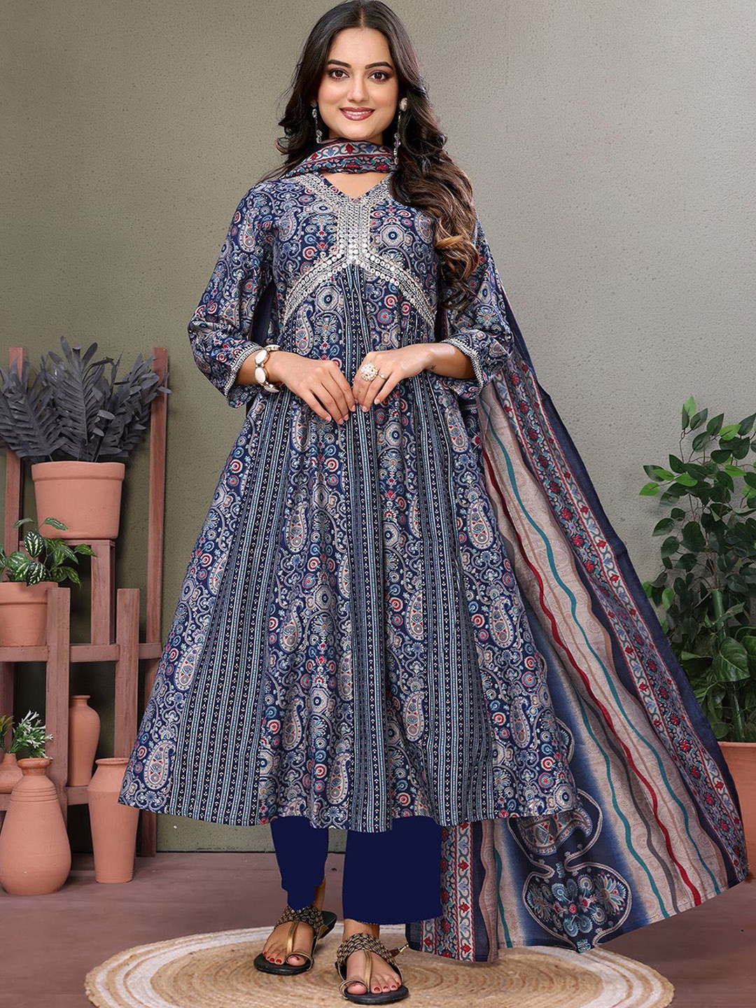 

Rangita Paisley Printed Mirror Work V Neck Empire Anarkali Kurta With Trousers And Dupatta, Blue