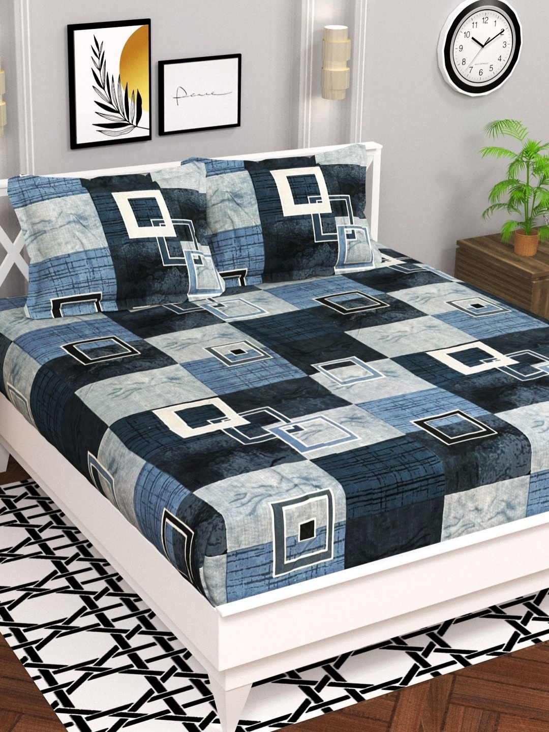 

VAS COLLECTIONS Blue Geometric Printed Microfiber 144TC Queen Bedsheet Set
