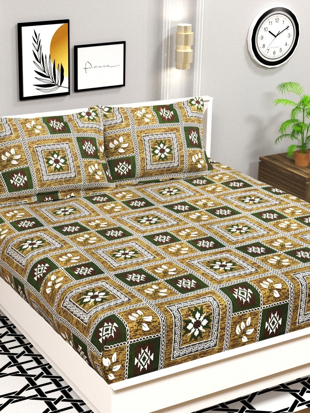 

VAS COLLECTIONS Brown Ethnic Motifs Printed Microfiber 144TC Queen Bedsheet Set, Green