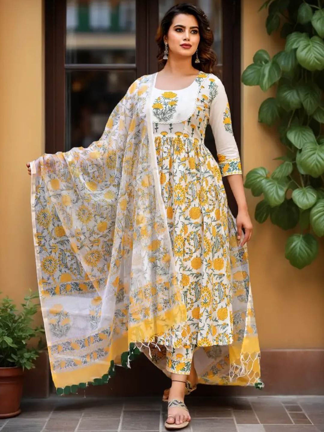 

Ethnic 3 You Floral Printed Round Neck Anarkali Pure Cotton Kurta With Trousers & Dupatta, Yellow