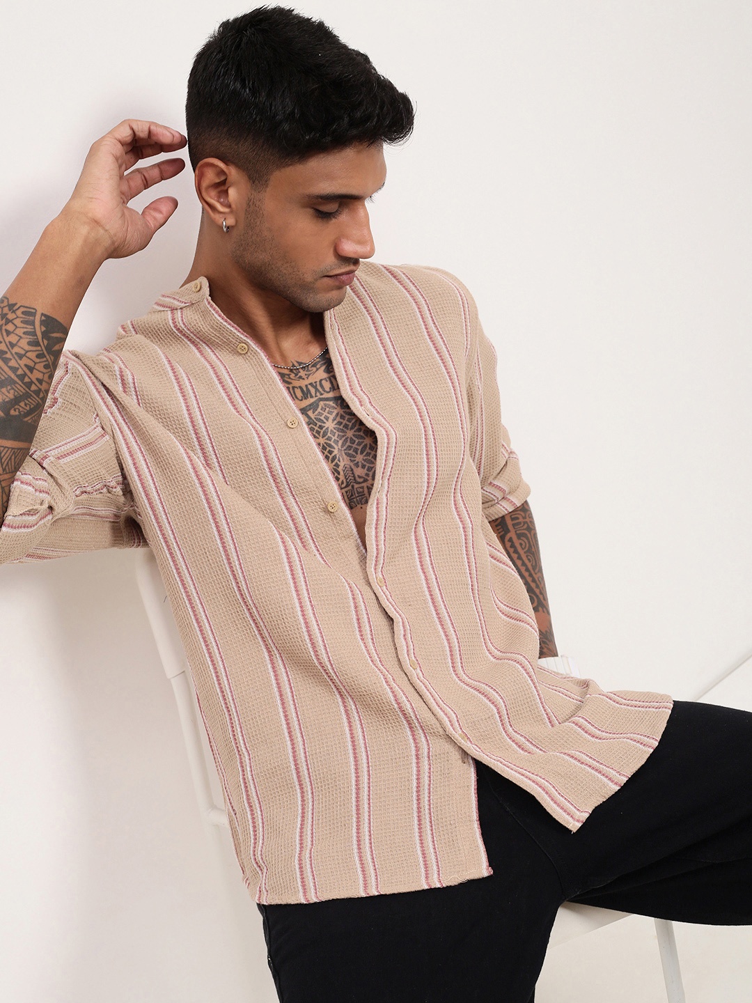 

SHOWOFF Men Comfort Slim Fit Mandarin Collar Vertical Striped Cotton Casual Shirt, Beige