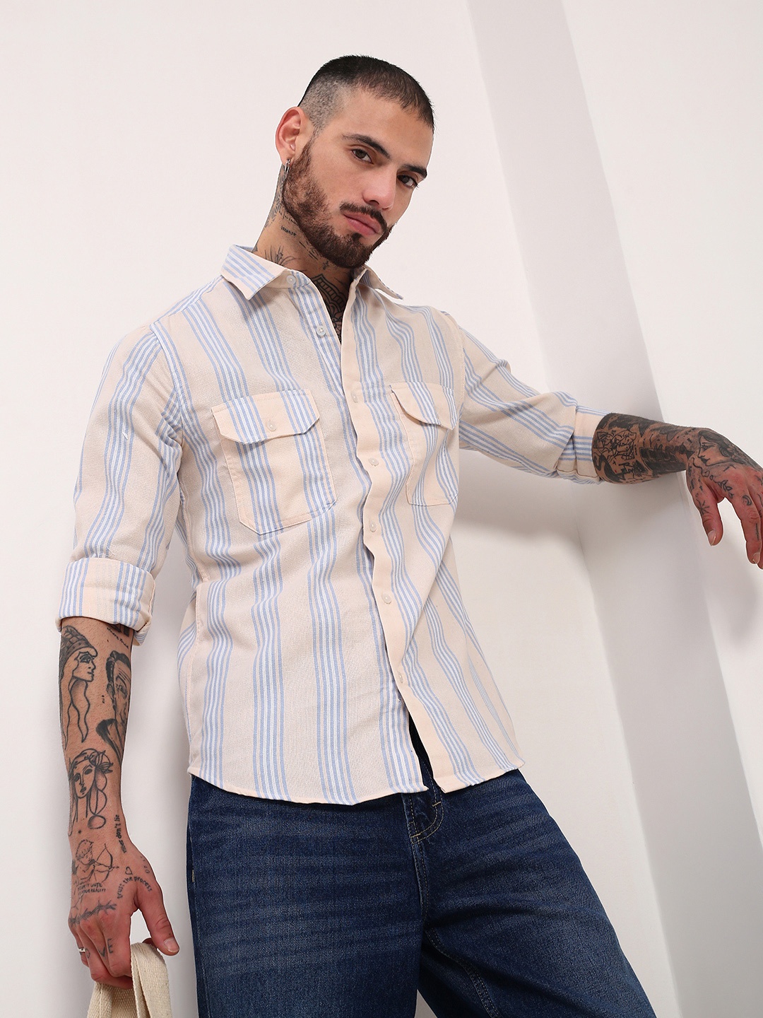 

SHOWOFF Men Comfort Slim Fit Spread Collar Vertical Striped Cotton Casual Shirt, Cream
