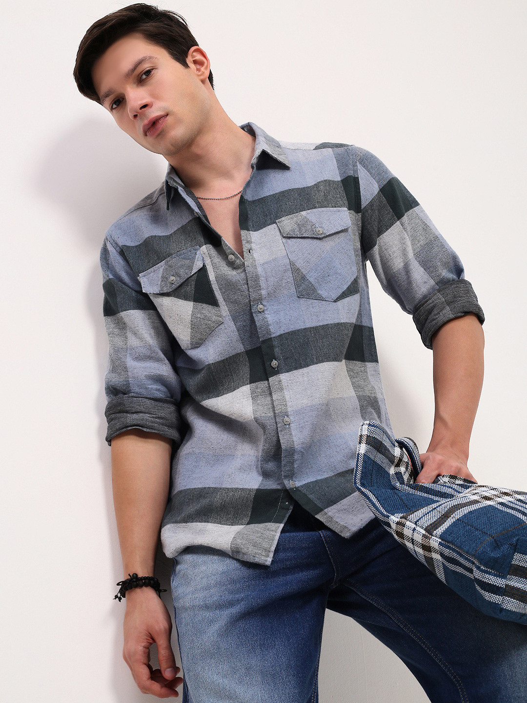 

SHOWOFF Men Comfort Slim Fit Spread Collar Buffalo Checked Cotton Casual Shirt, Grey