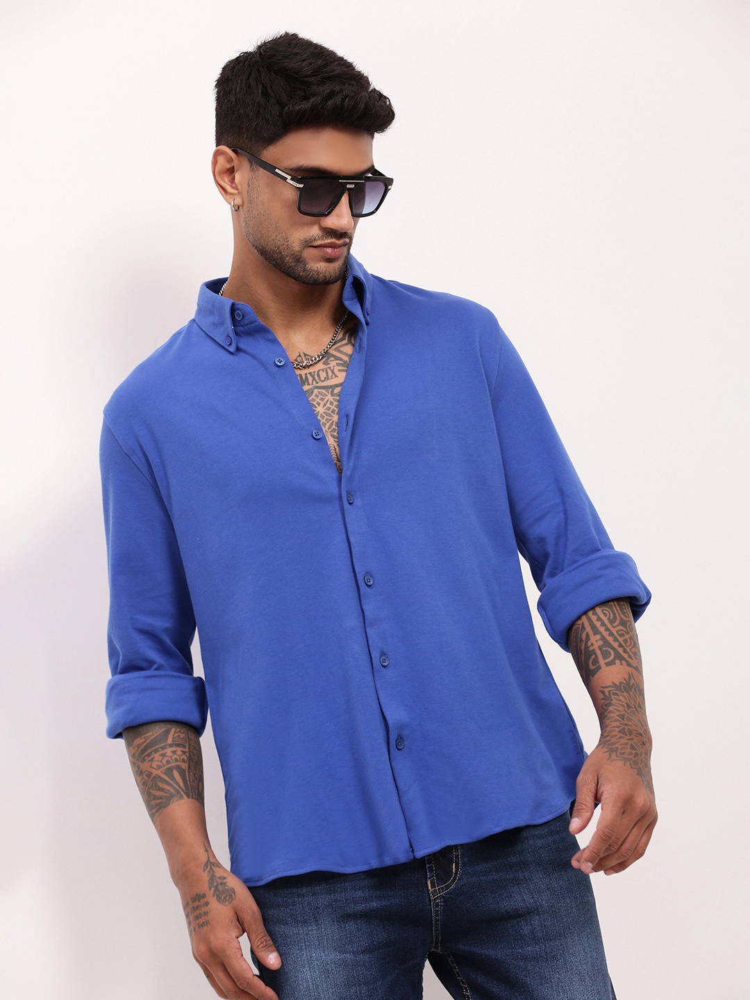

SHOWOFF Men Comfort Slim Fit Button-Down Collar Solid Cotton Casual Shirt, Blue