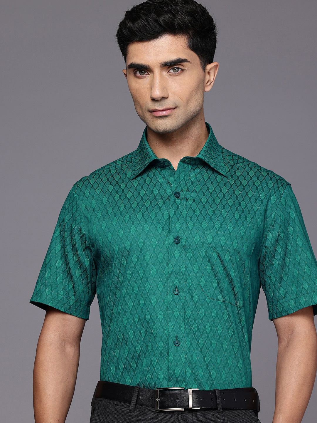 

Louis Philippe Pure Cotton Classic Fit Ethnic Printed Formal Shirt, Green