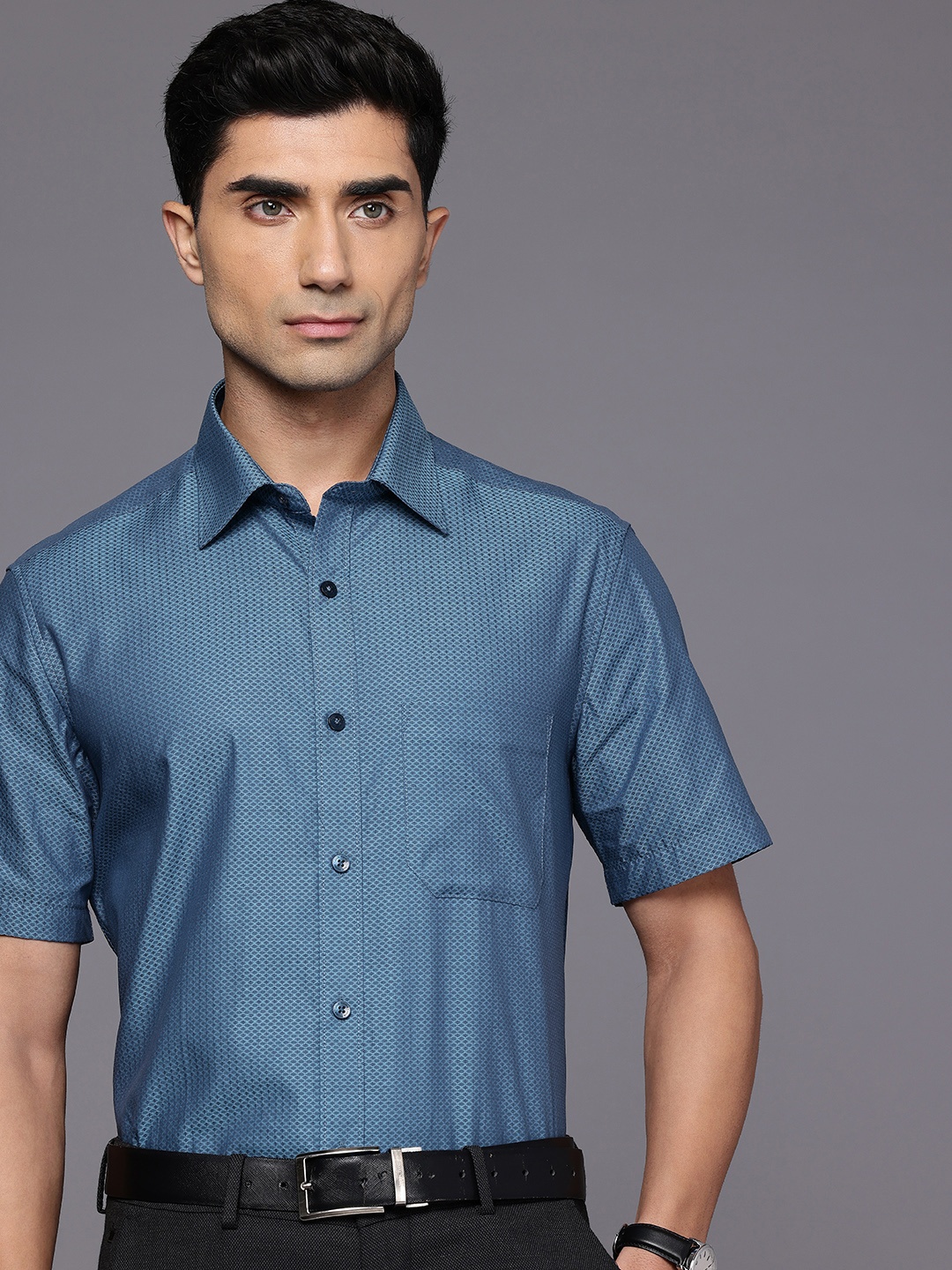 

Louis Philippe Pure Cotton Self-Design Classic Fit Formal Shirt, Blue