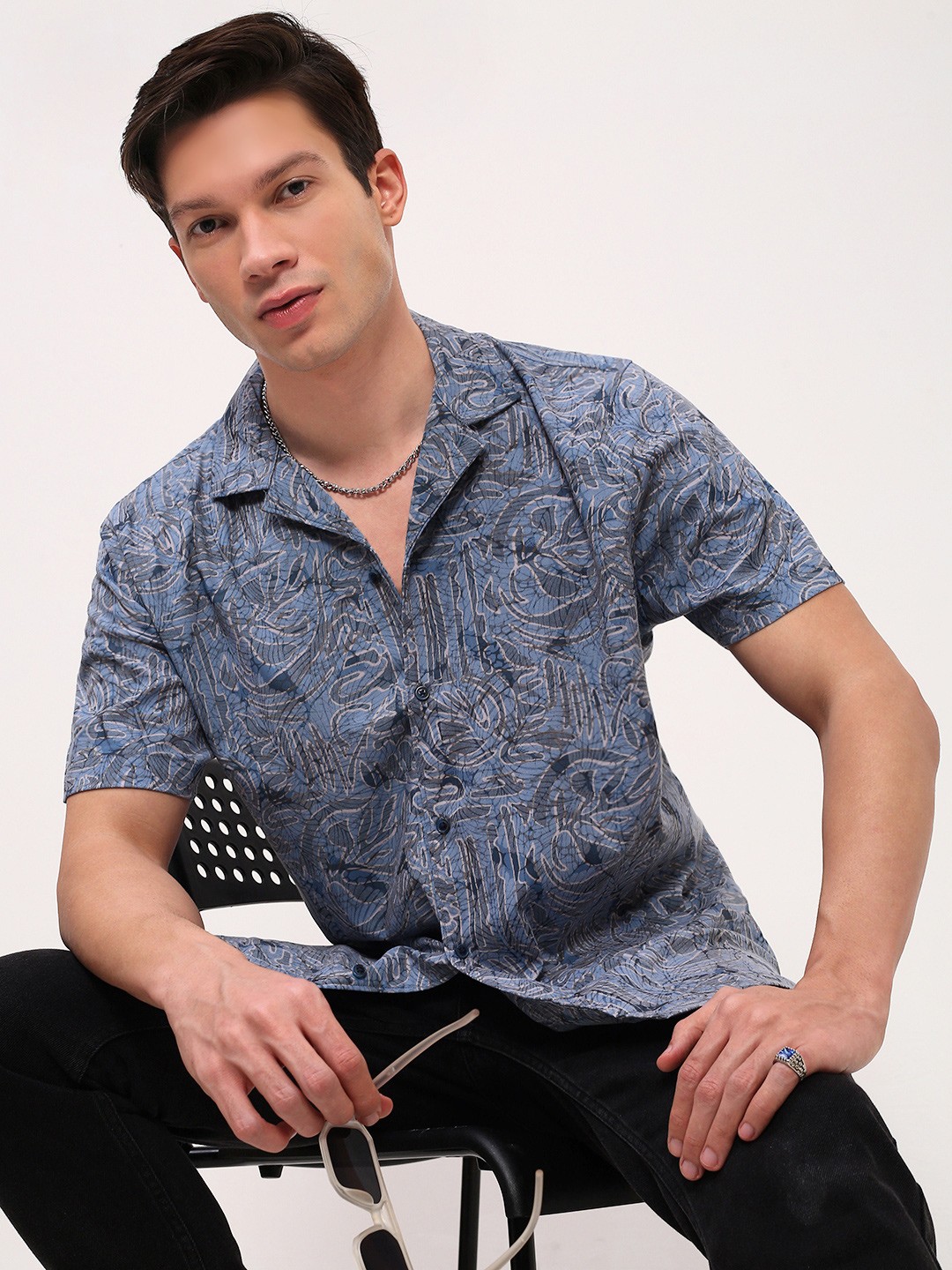 SHOWOFF Men Comfort Relaxed Fit Cuban Collar Floral Printed Cotton Casual Shirt, Blue