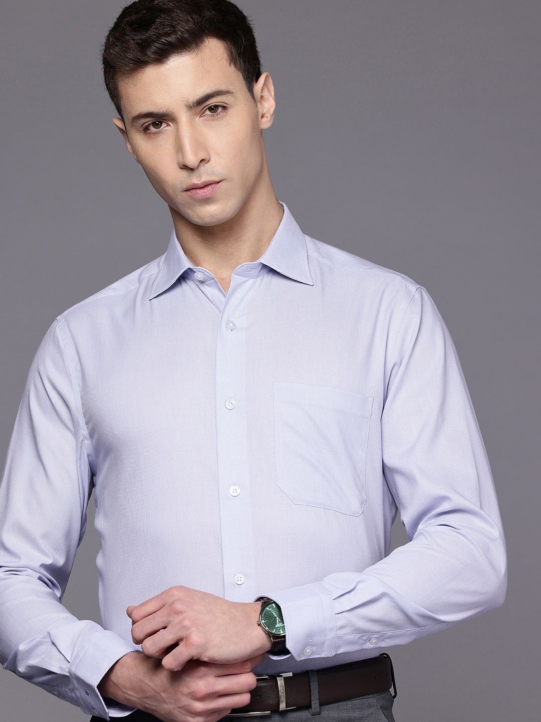 

Louis Philippe Classic Self Design Textured Pure Cotton Formal Shirt, Blue