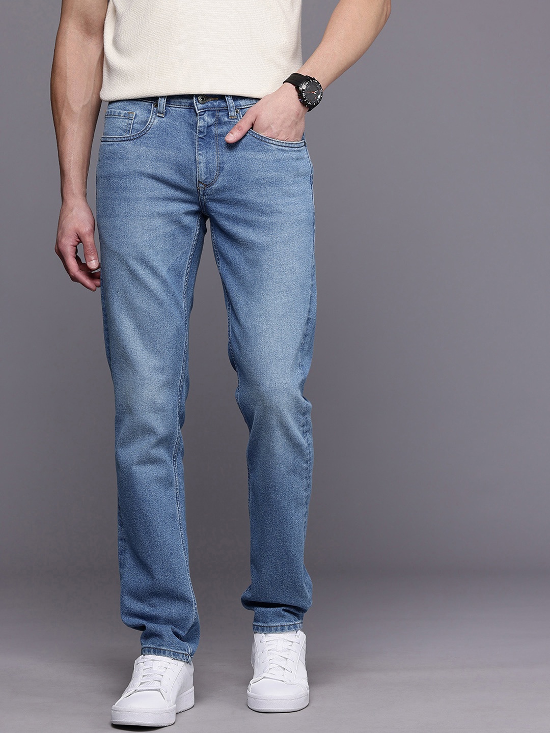 

Louis Philippe Jeans Men Slim Fit Low-Rise Heavy Fade Stretchable Jeans, Blue