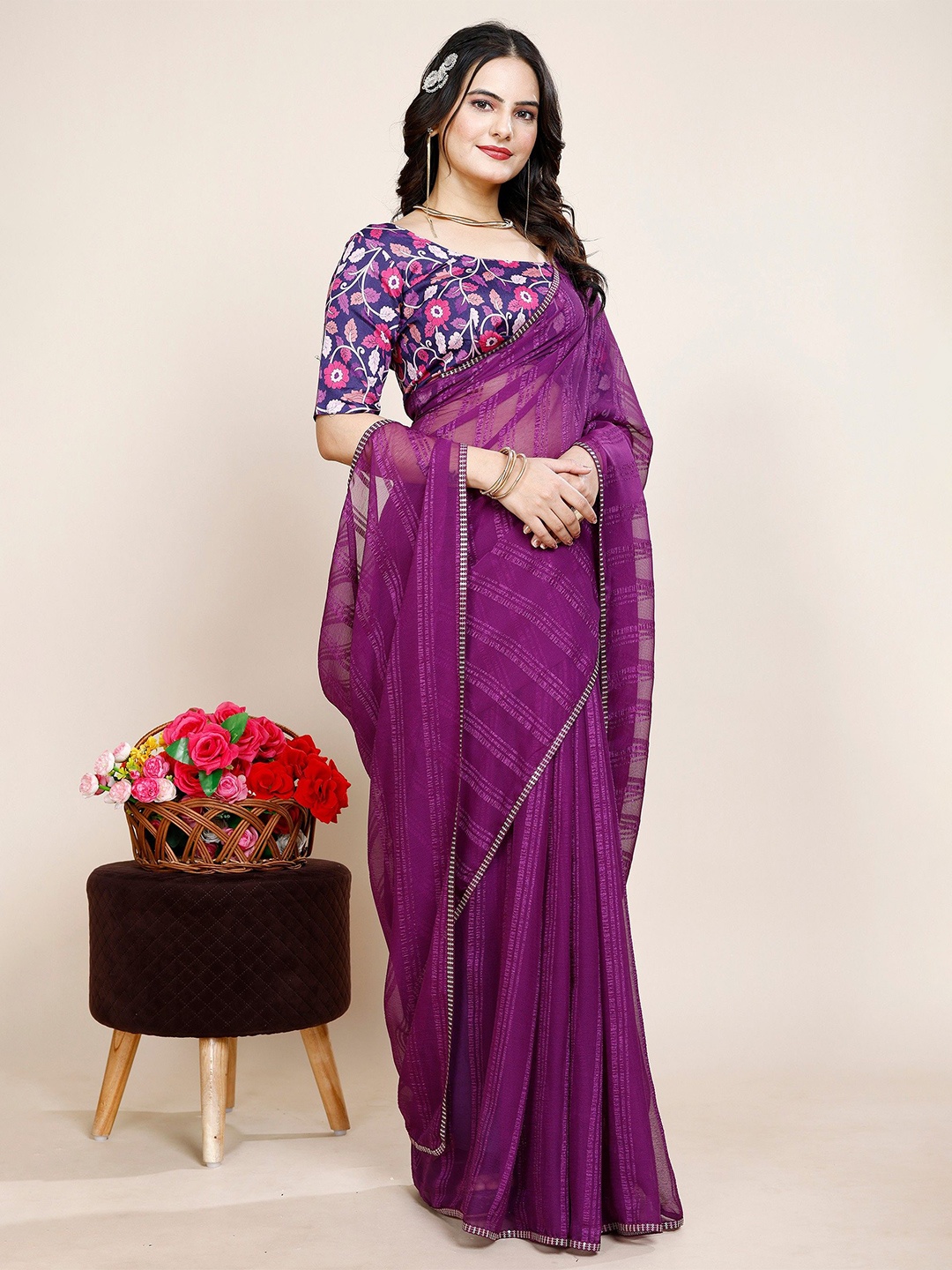 

K 5 Fashion Embroidered Pure Chiffon Saree, Purple