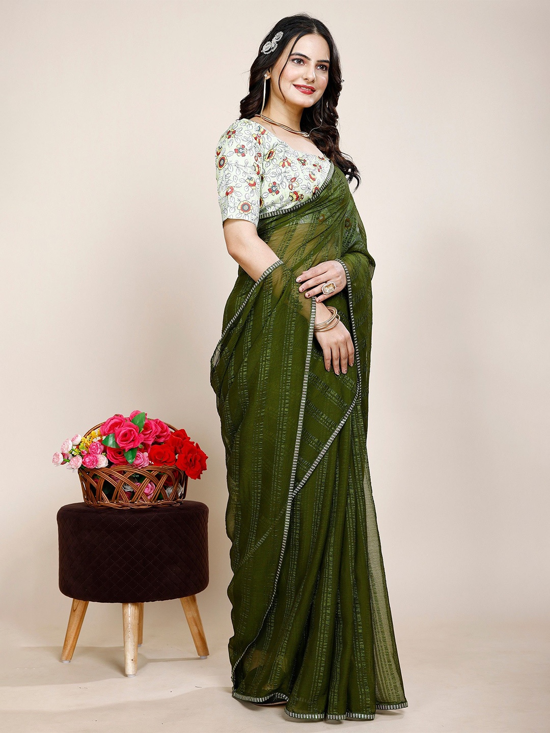 

K 5 Fashion Embroidered Pure Chiffon Saree, Green