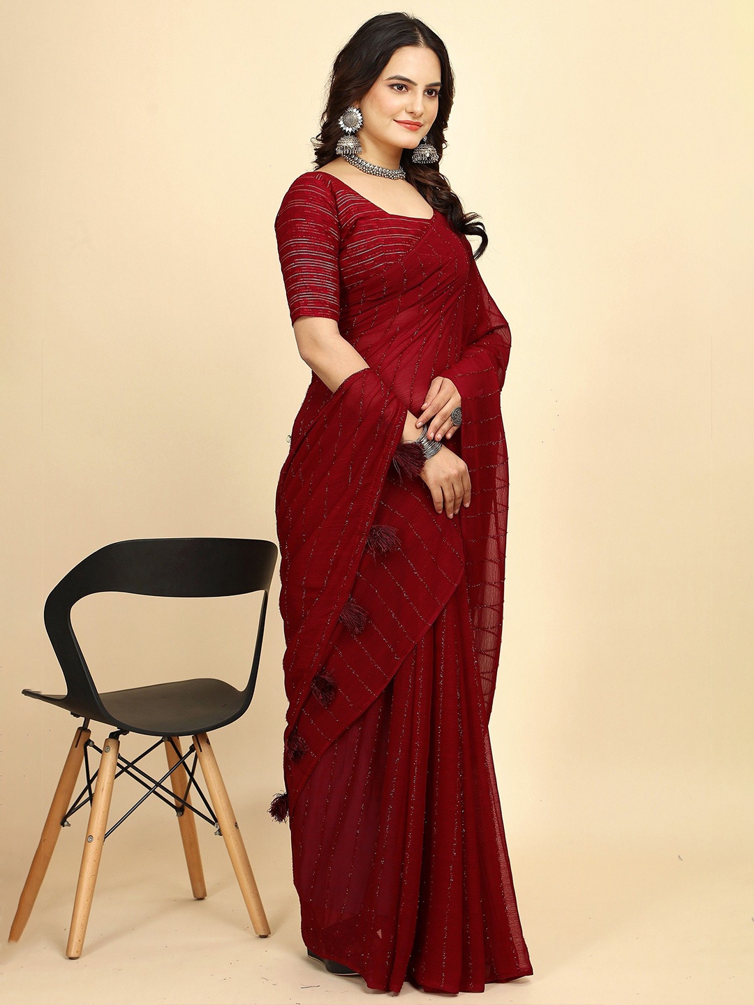 

K 5 Fashion Women Embellished Pure Chiffon Saree, Maroon