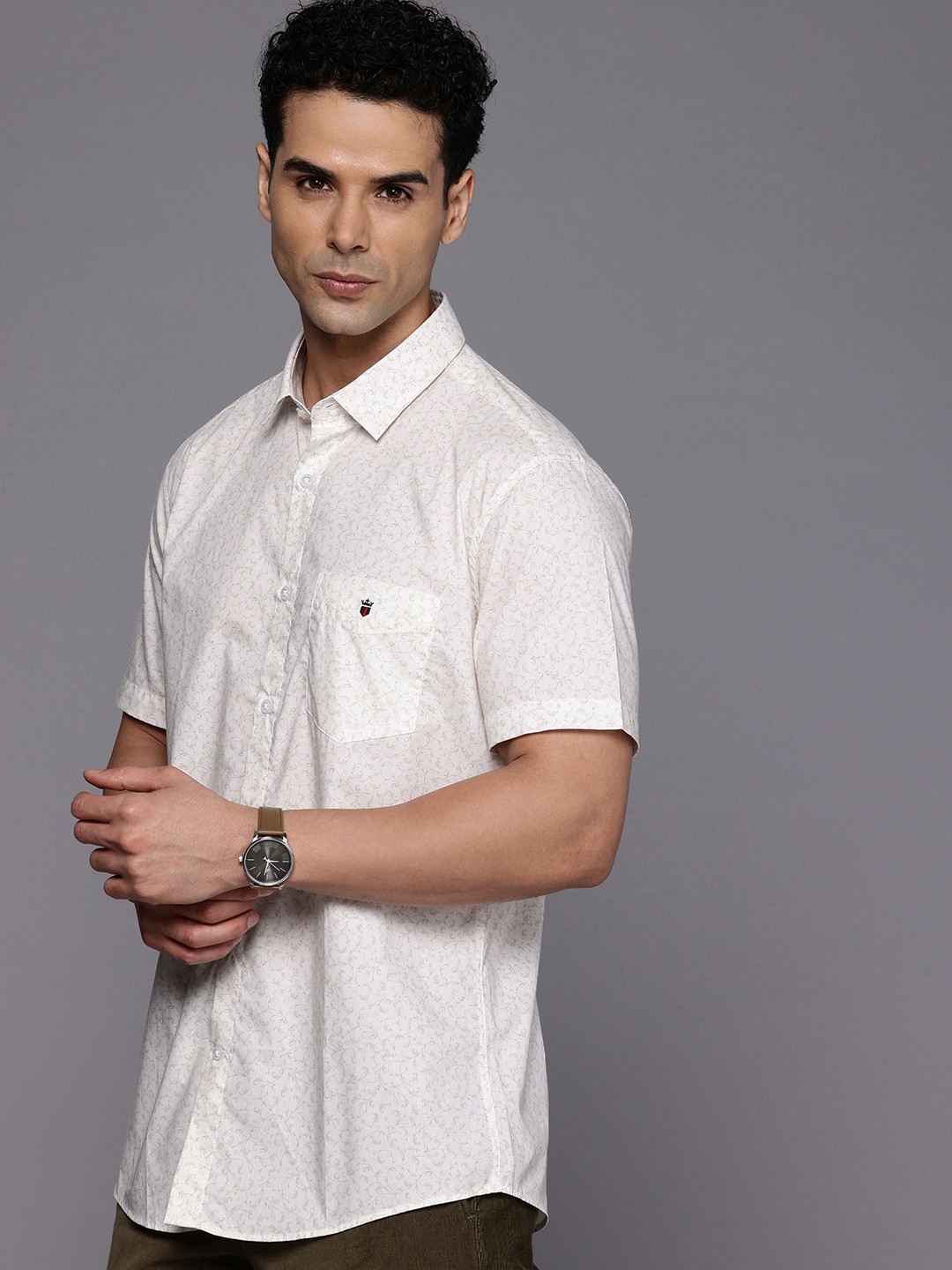

Louis Philippe Sport Slim Fit Opaque Ethnic Motifs Printed Pure Cotton Casual Shirt, Cream