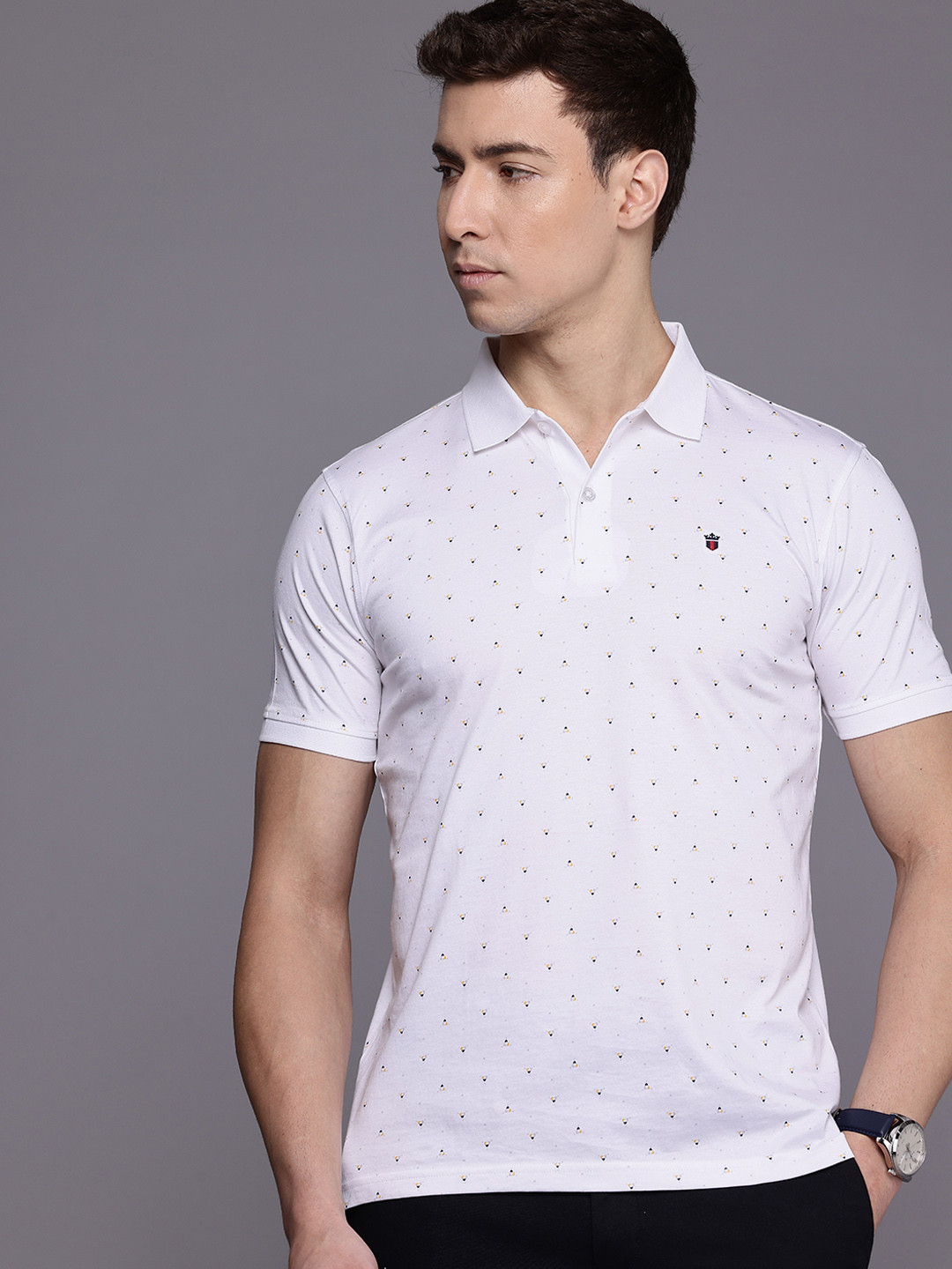 

Louis Philippe Sport Slim Fit Polo Collar Geometric Printed Pure Cotton T-shirt, White