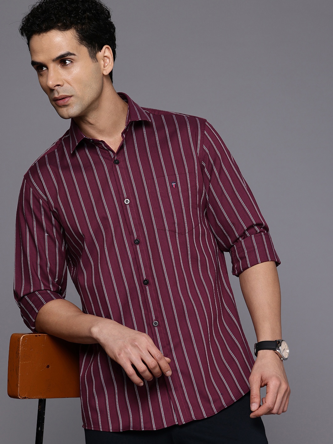 

Louis Philippe Sport Slim Fit Self Striped Pure Cotton Casual Shirt, Maroon