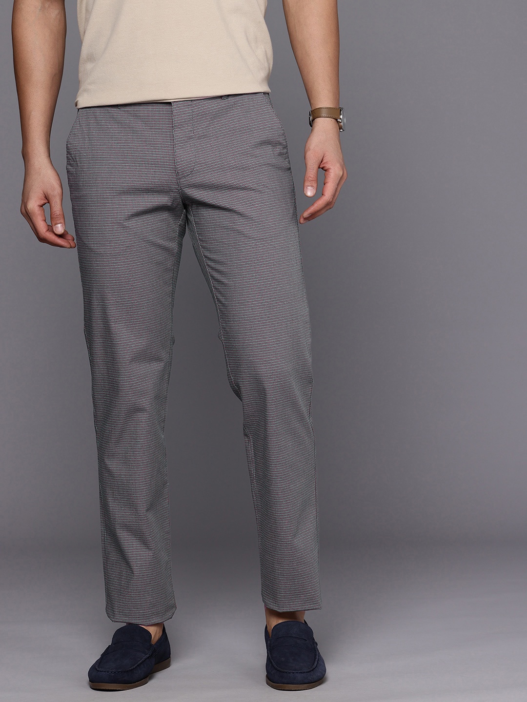 

Louis Philippe Sport Men Checked Slim Fit Chinos Trousers, Blue