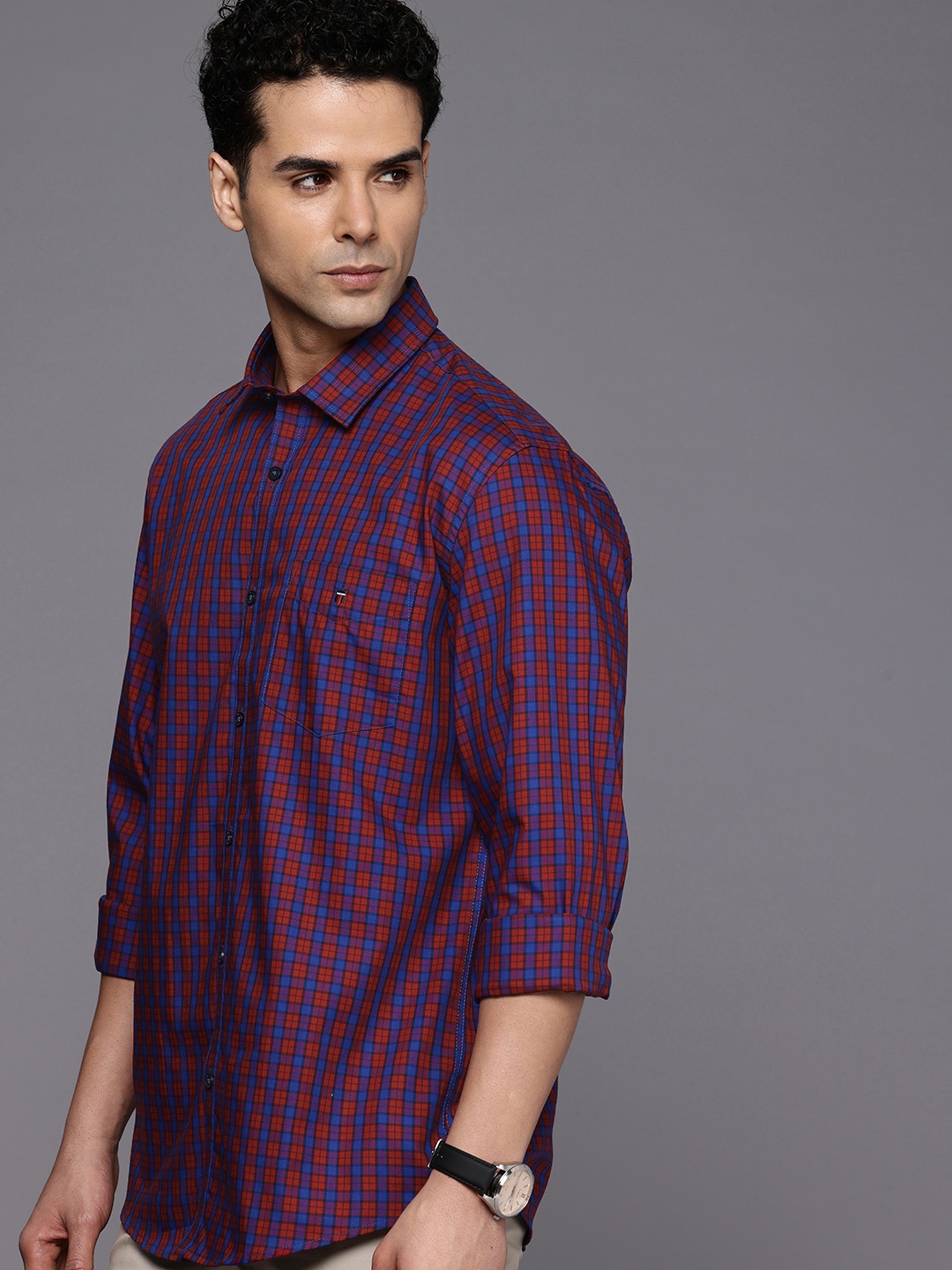 

Louis Philippe Sport Slim Fit Grid Tattersall Checks Pure Cotton Casual Shirt, Red