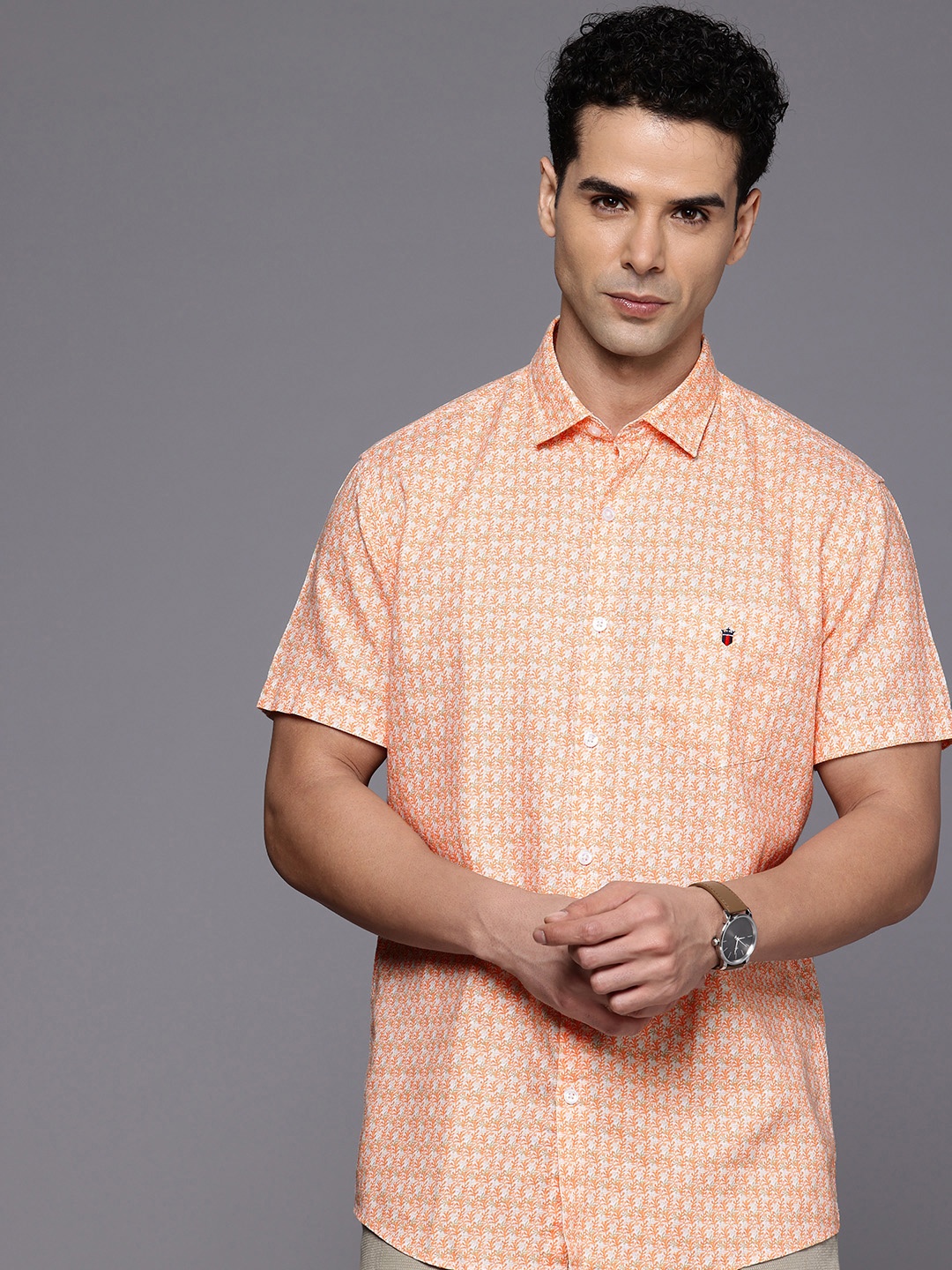 

Louis Philippe Sport Slim Fit Opaque Micro Ditsy Printed Casual Shirt, Orange