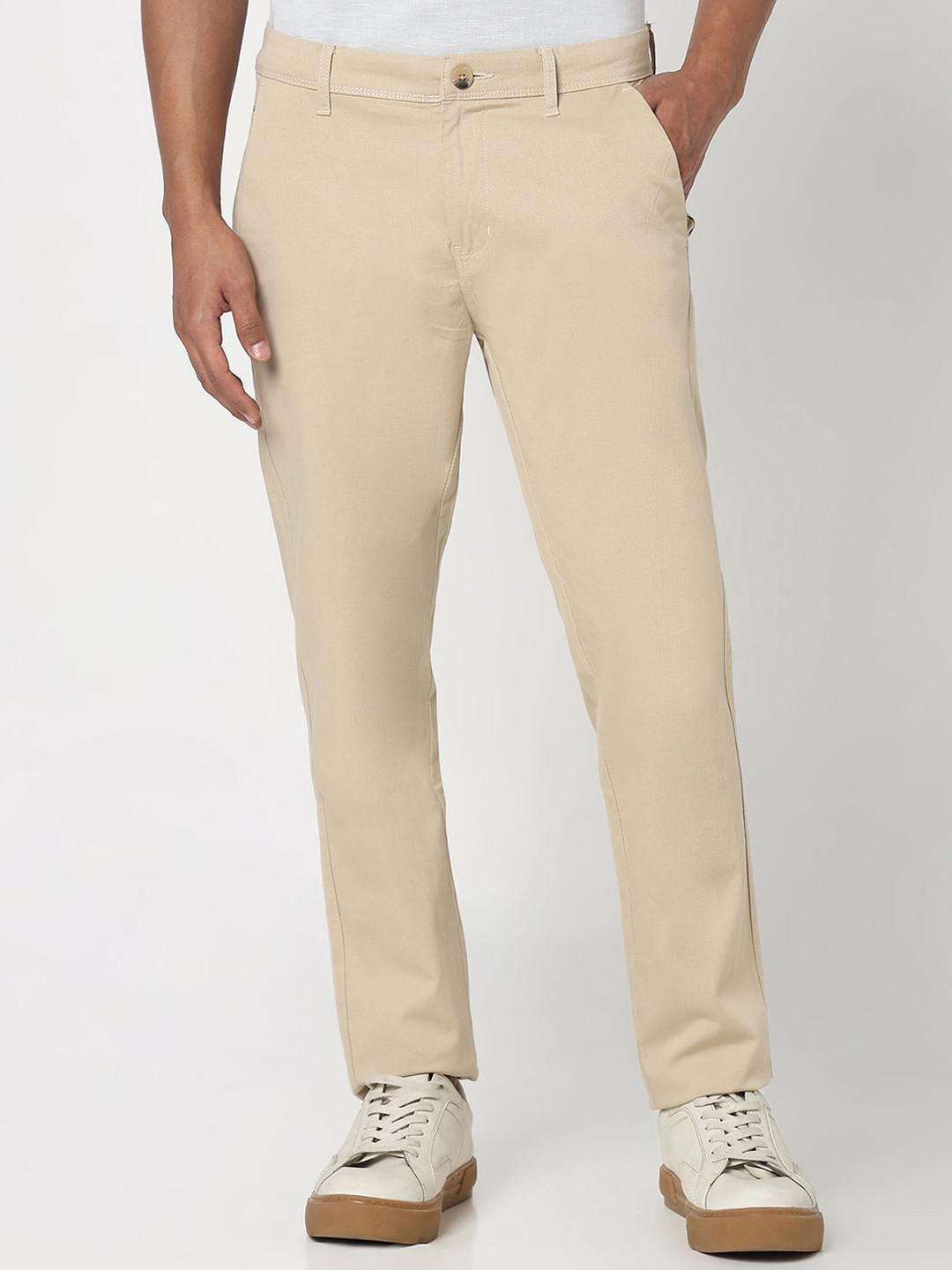 

R&B Men Regular Fit Mid-Rise Cotton Chinos, Beige