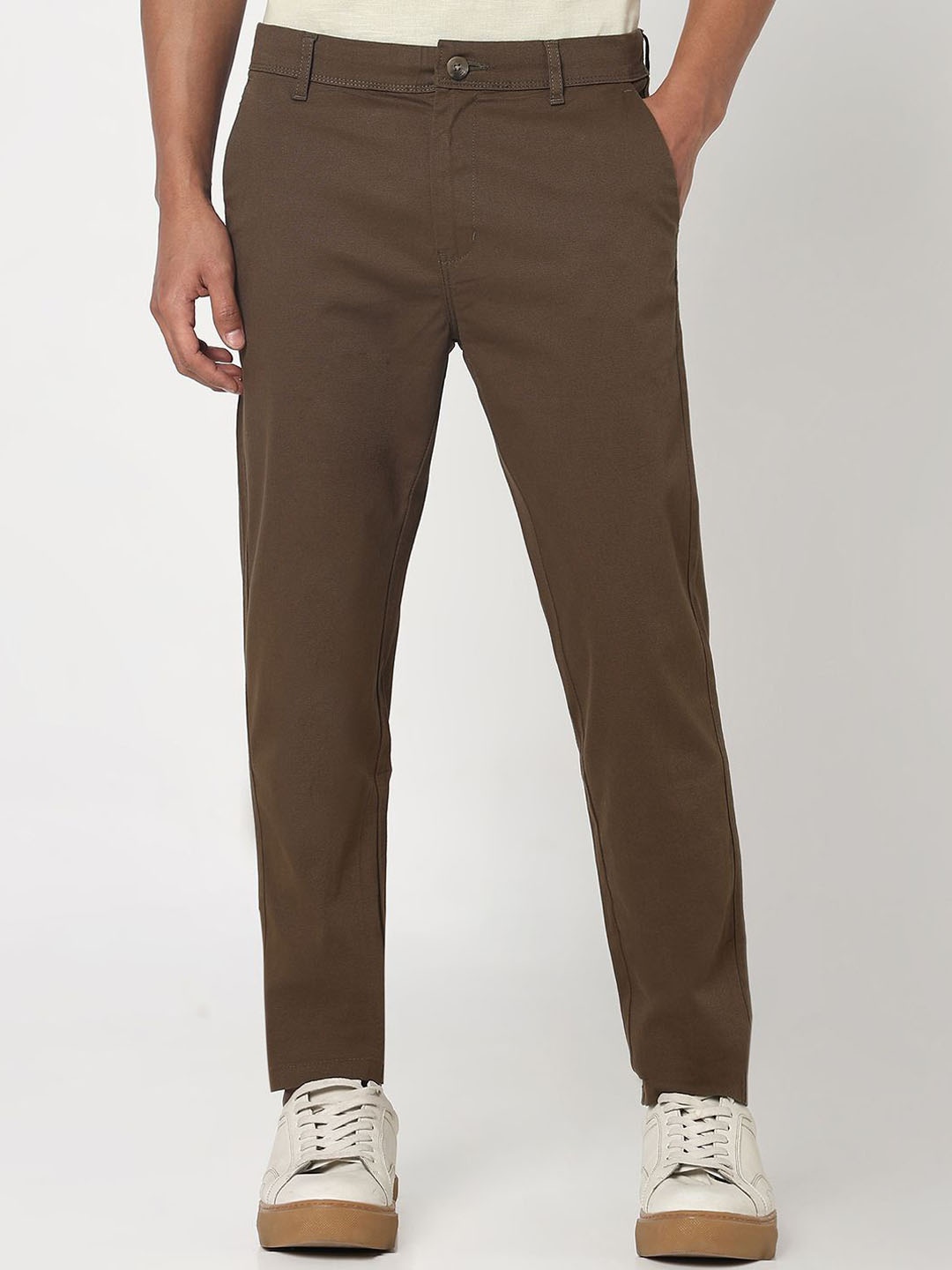 

R&B Men Slim Fit Cotton Trousers, Camel brown