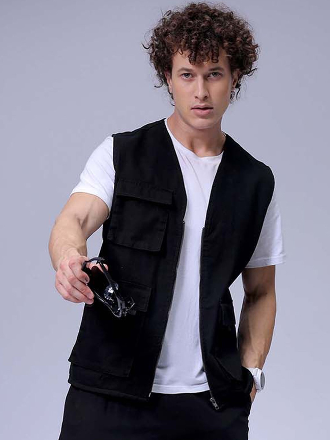 

The Indian Garage Co Men Collarless Solid Cotton Casual Gilet Jacket, Black