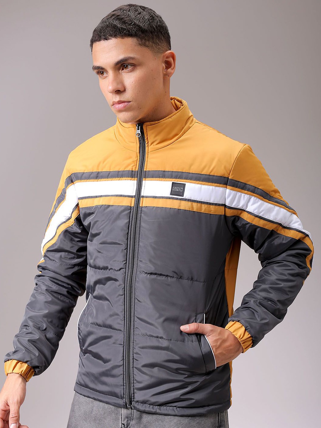 

The Indian Garage Co Men Mock Collar Striped Casual Padded Jacket, Grey