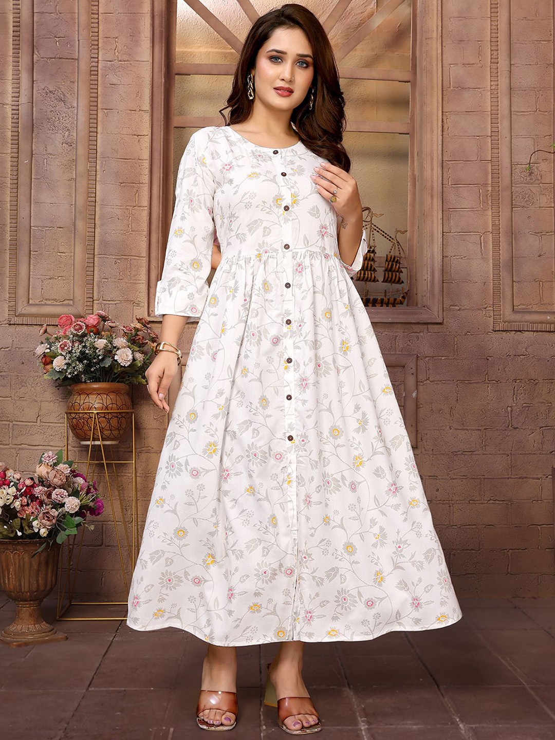 

Rangita Printed Round Neck Ethnic Dresses, Off white