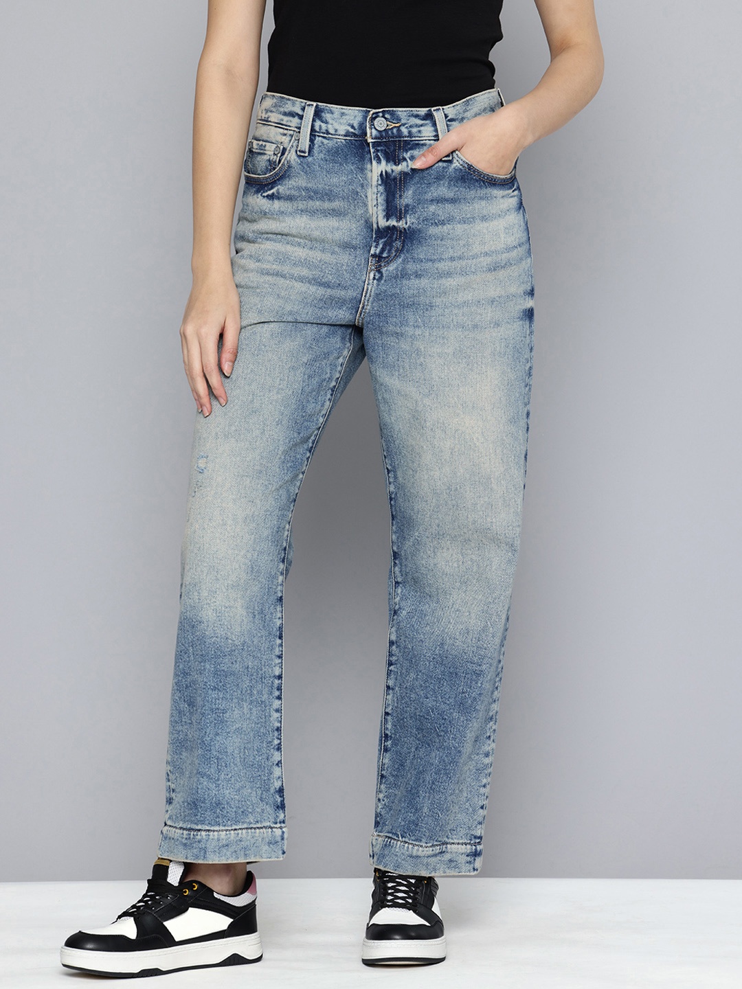 

Levis Women Straight Fit High-Rise Heavy Fade Pure Cotton Jeans, Blue