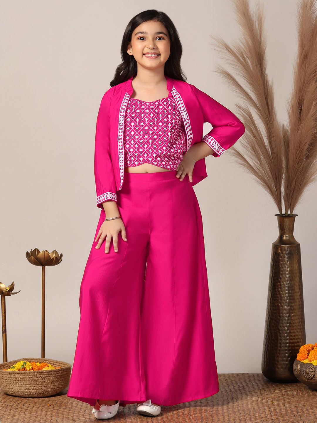 

FASHION DREAM Embroidered Top With Palazzos & Jacket, Pink