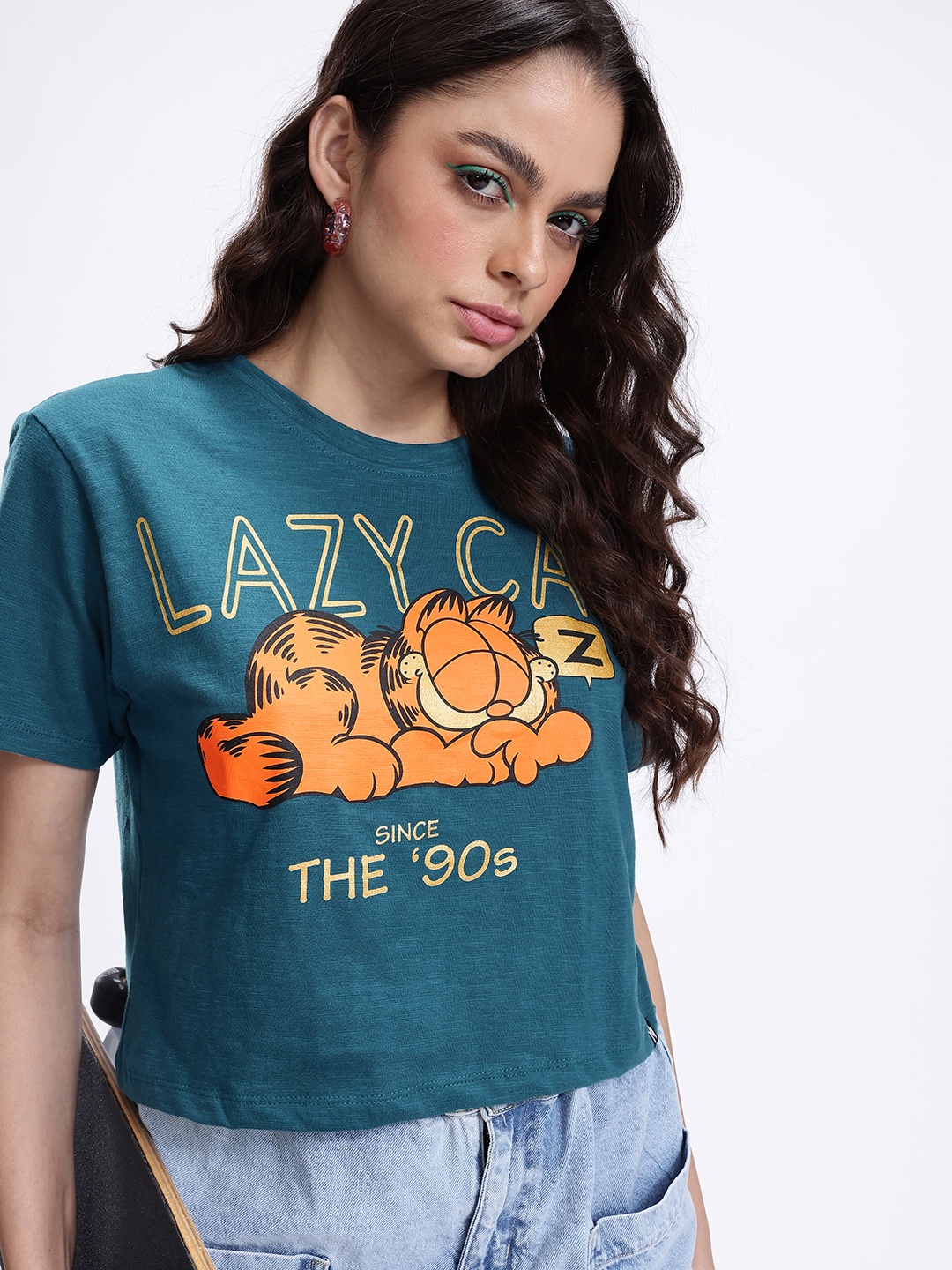 

Kook N Keech Pure Cotton Garfield Printed Boxy T-shirt, Teal