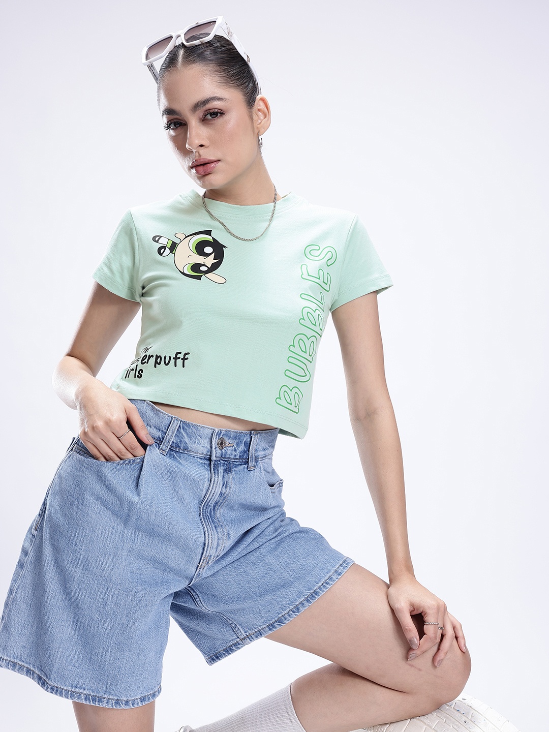 

Kook N Keech Powerpuff Girls Printed Crop Pure Cotton T-shirt, Green