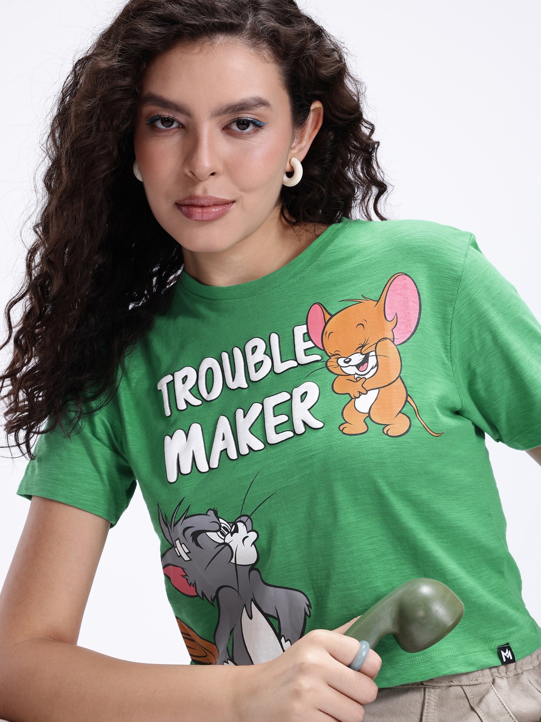 

Kook N Keech Tom & Jerry Printed Drop-Shoulder Sleeves Relaxed Fit Crop T-shirt, Green