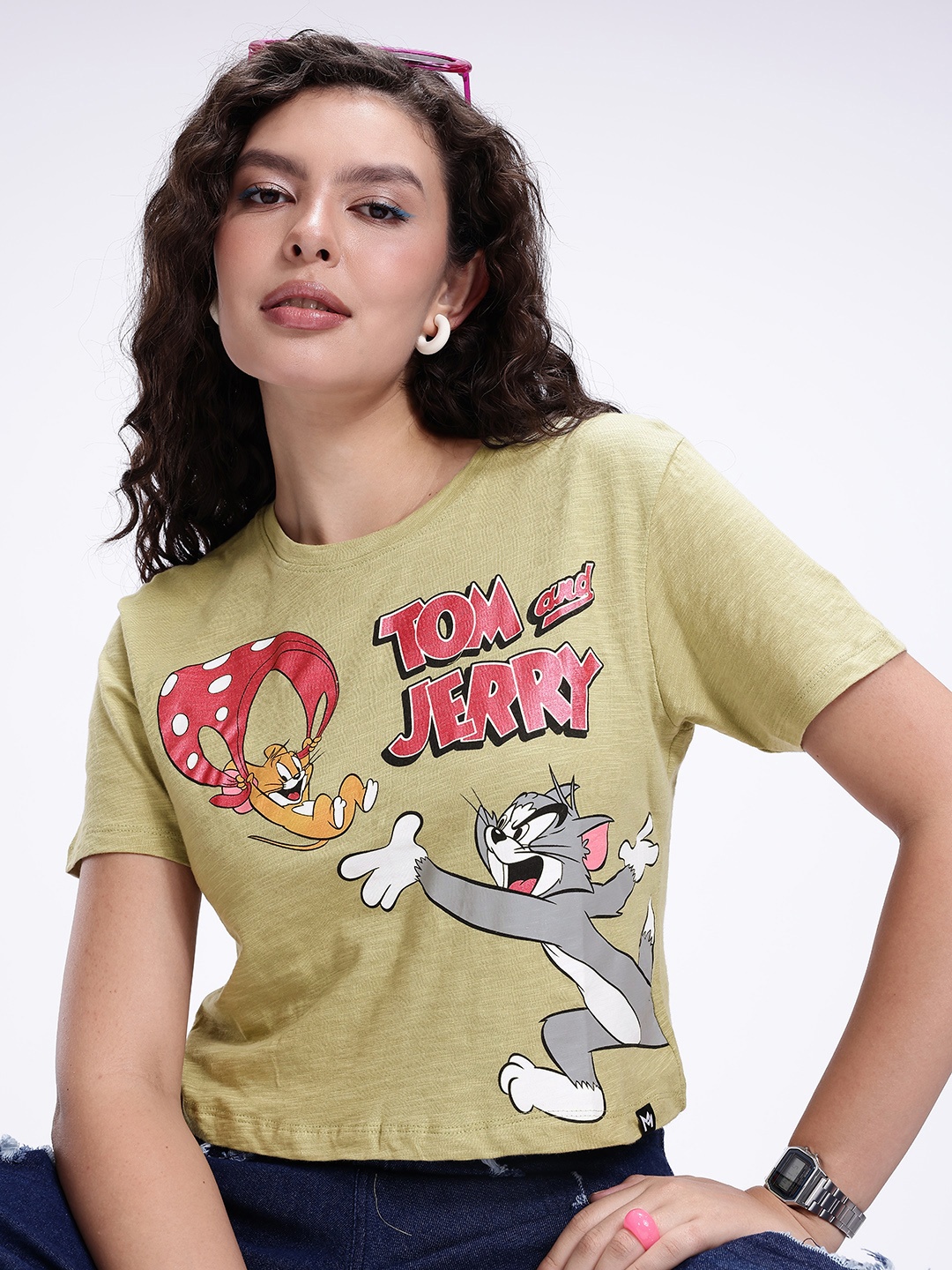 

Kook N Keech Tom & Jerry Printed Drop-Shoulder Sleeves Relaxed Fit T-shirt, Olive